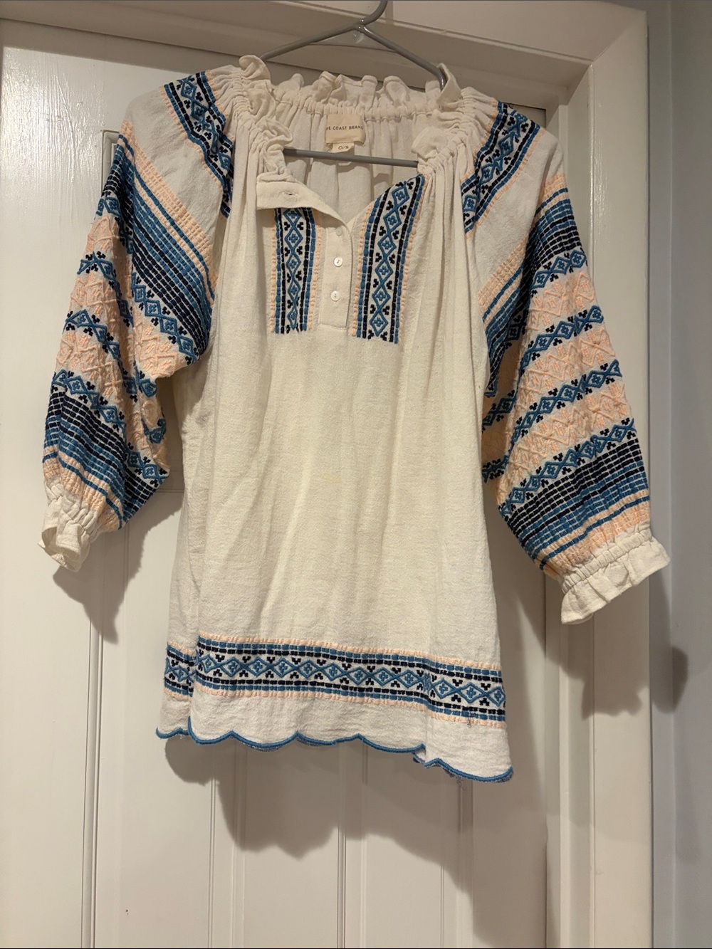 Boho Embroidered Peasant Blouse - White with Blue & Pink Accents